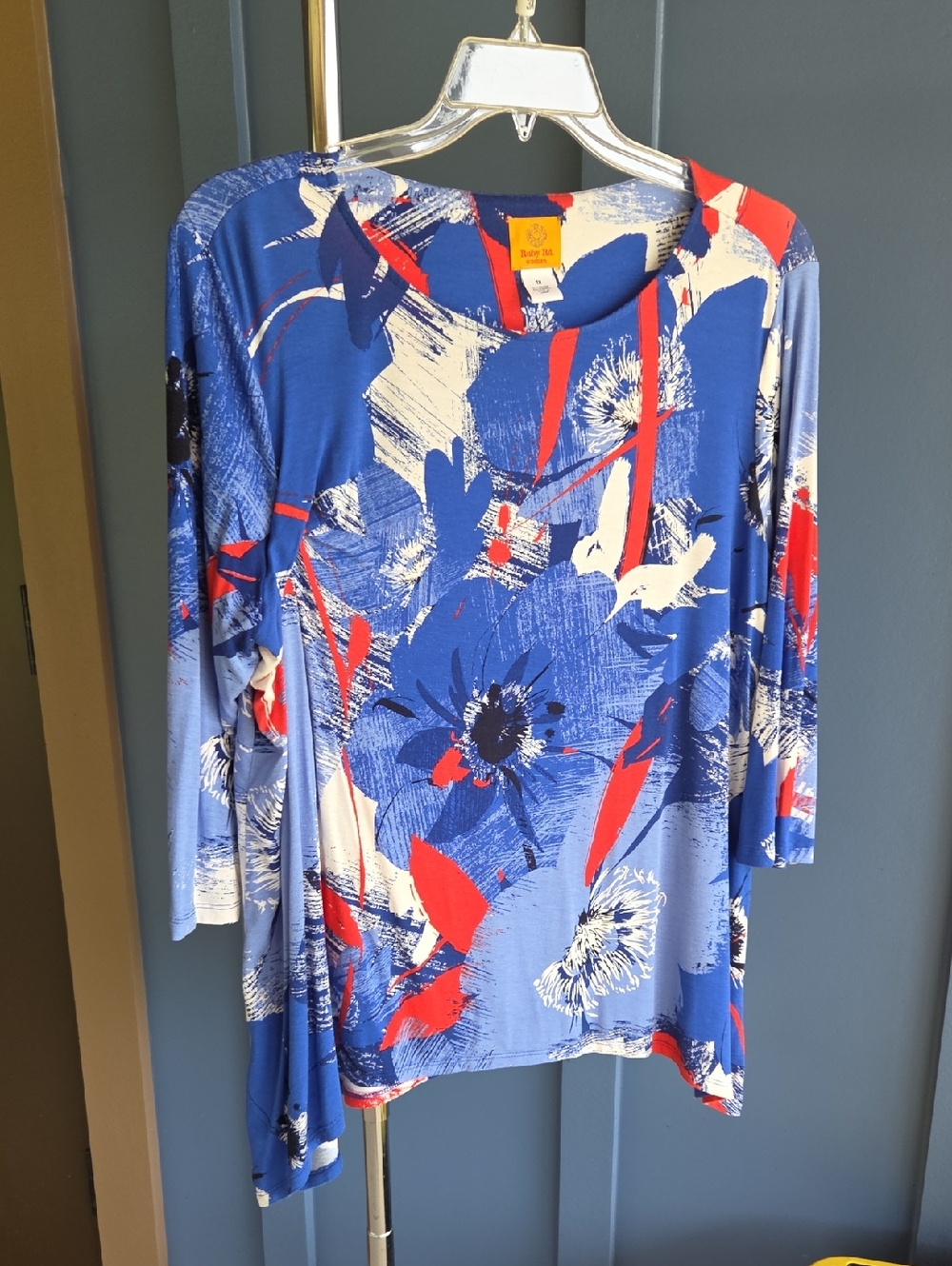 Ruby Rd. Blue Floral-Abstract Long Sleeve Tee with Red & White Accents